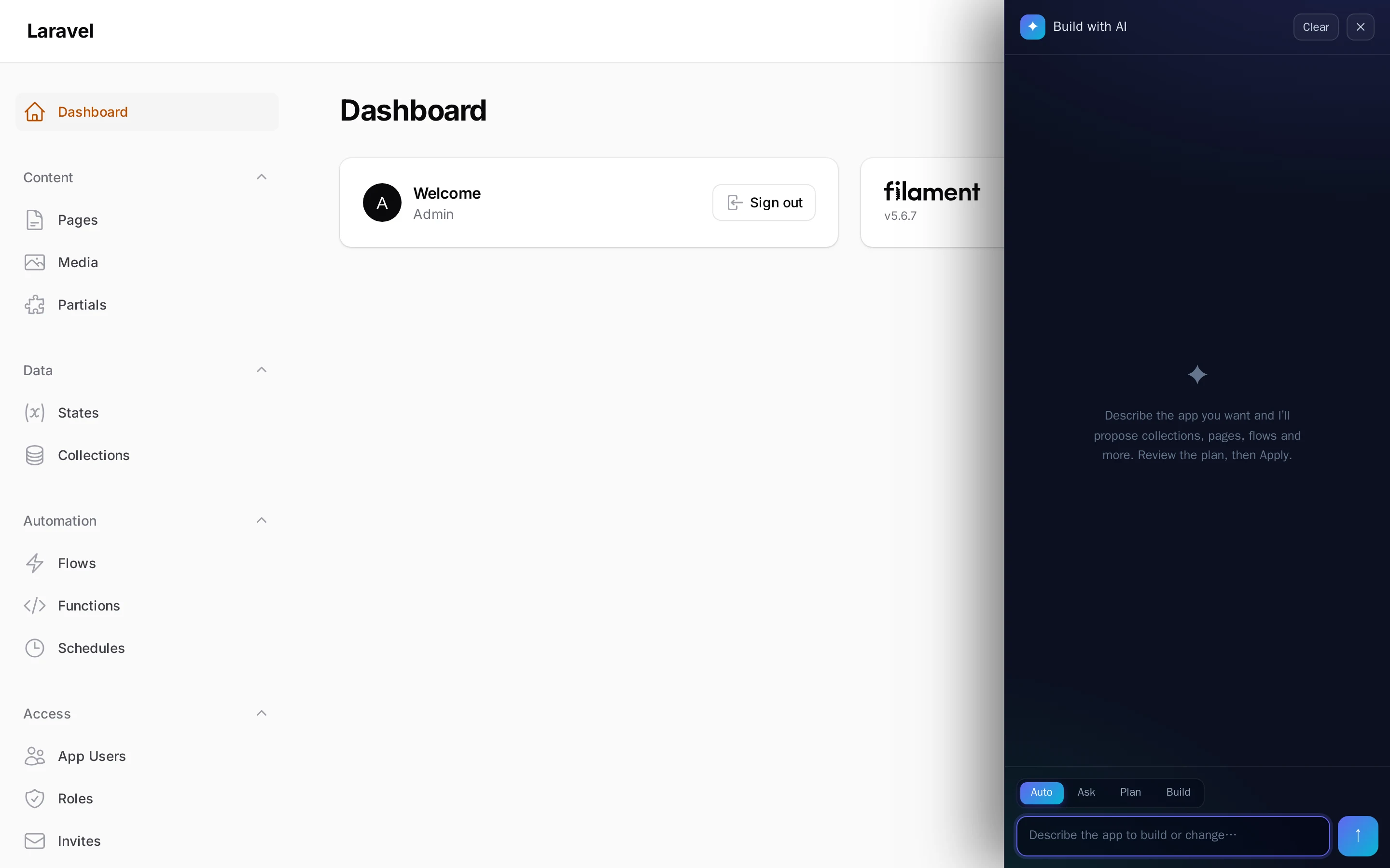 The floating Build with AI chat: a help-desk request, and the AI's proposed changes — a tickets collection, a state, a flow and two pages — with an Apply changes button.