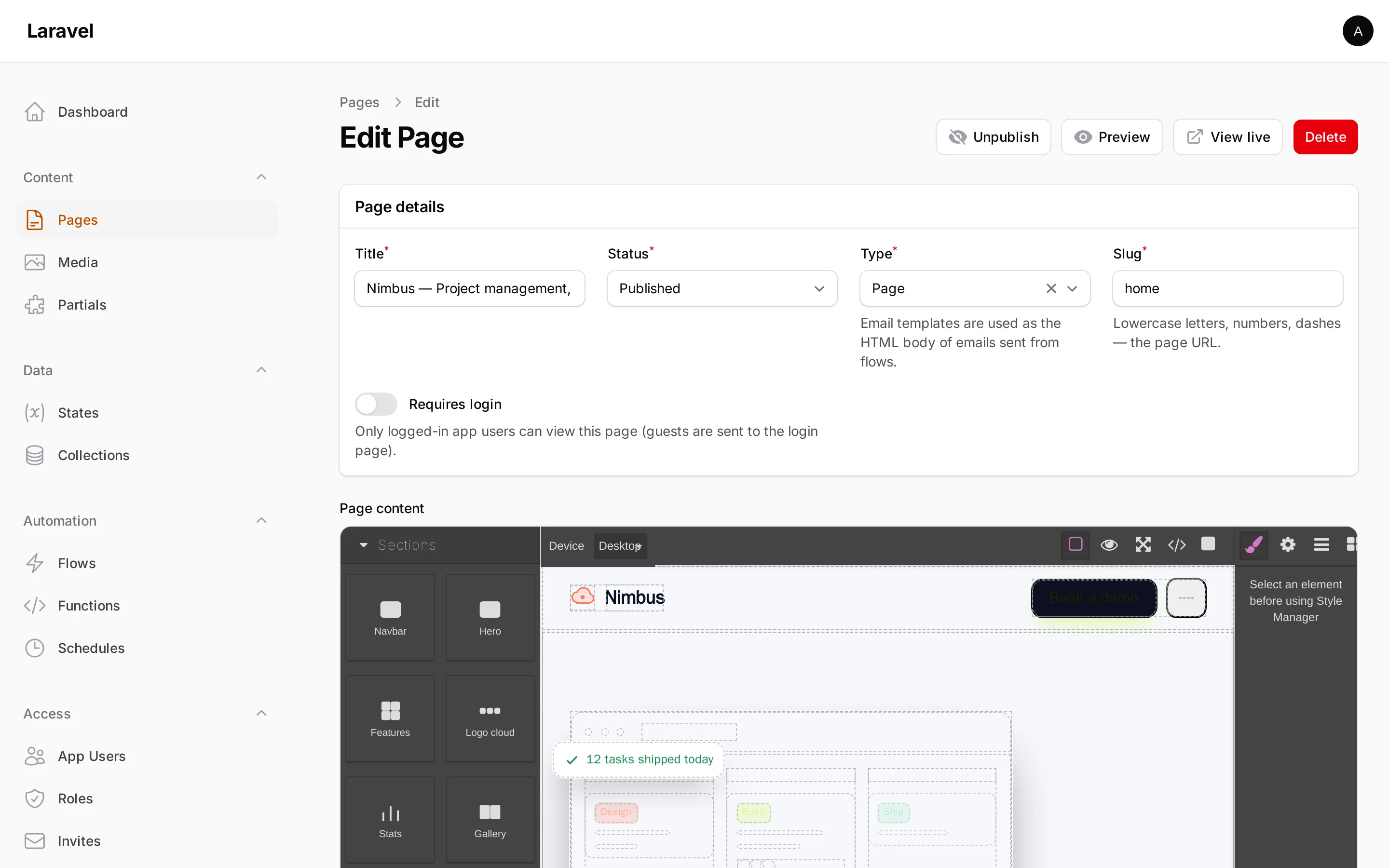 The Synapse visual editor: a block palette on the left, a live canvas editing a dark landing page in the centre, and style controls on the right.