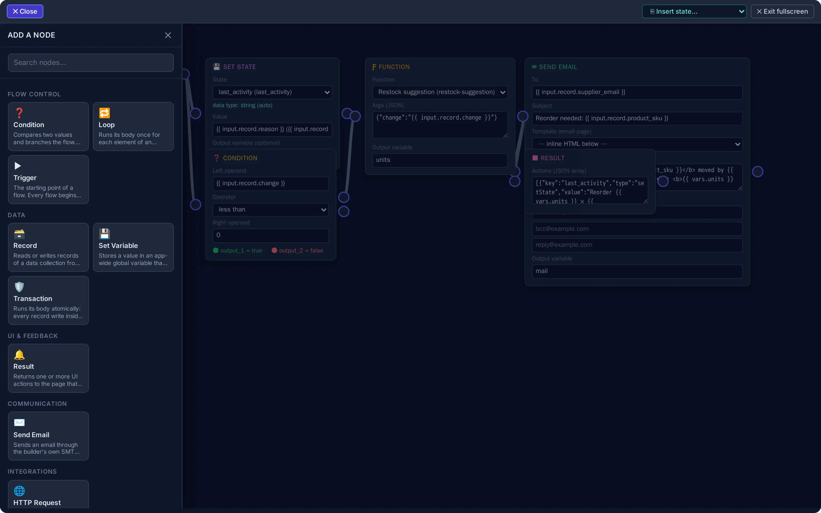 The Synapse flow editor: a node graph wiring a Trigger to Set State, a Condition, a Function and Send Email, with a palette of node types across the top.