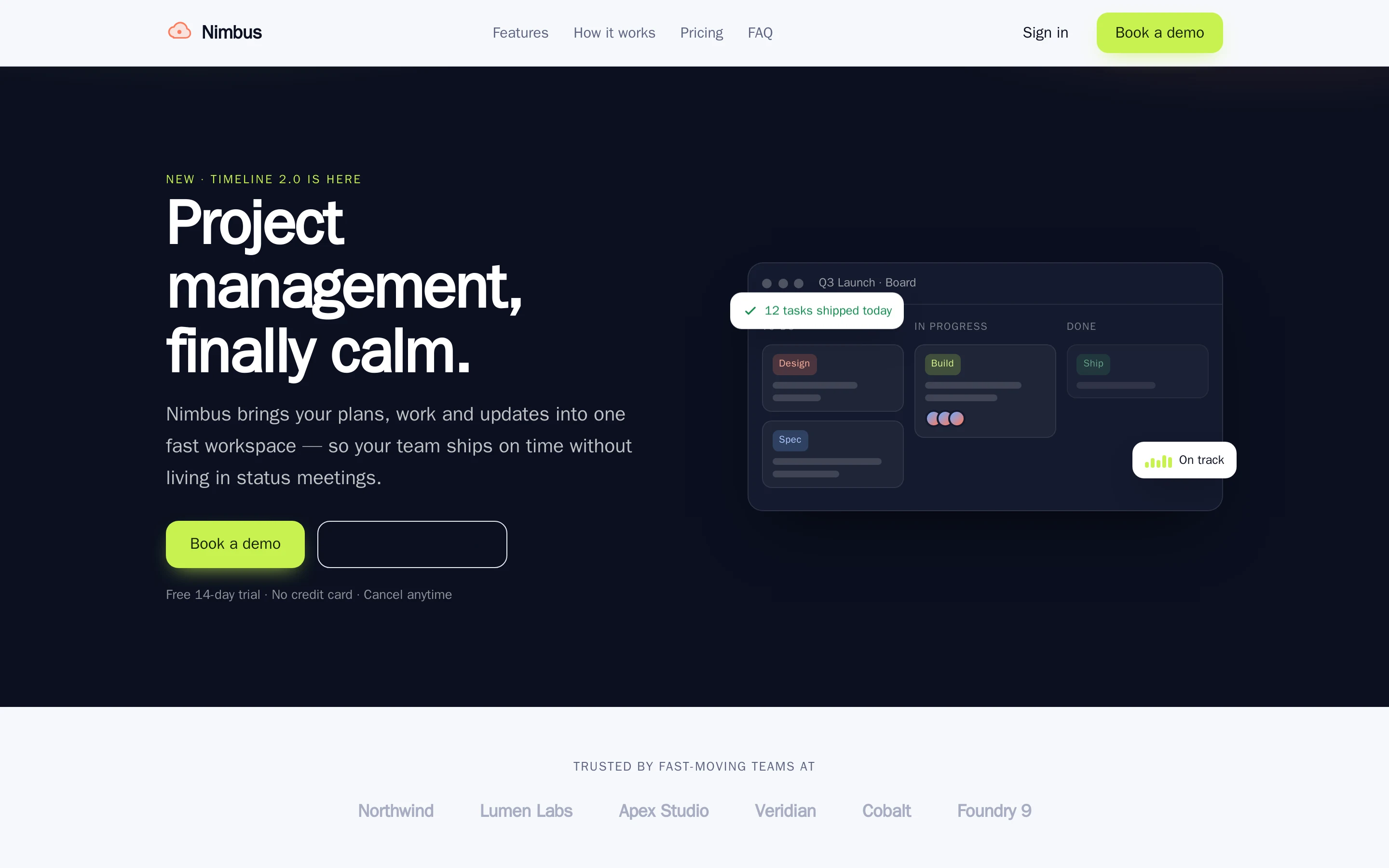 A published marketing landing page built in Synapse: a dark hero reading 'Project management, finally calm' beside a mock task board.