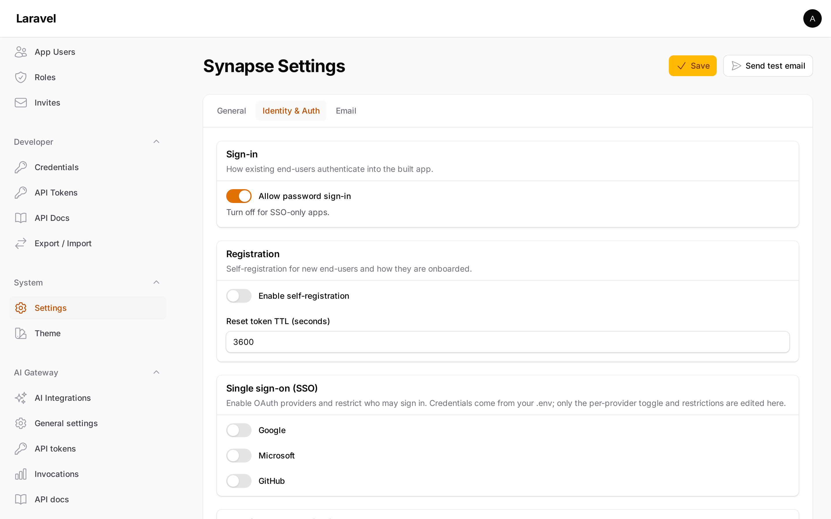 The Synapse Settings → Identity & Auth tab: a Sign-in section with an Allow-password-sign-in toggle, a Registration section, and Single sign-on toggles for Google, Microsoft and GitHub, with the grouped admin sidebar.
